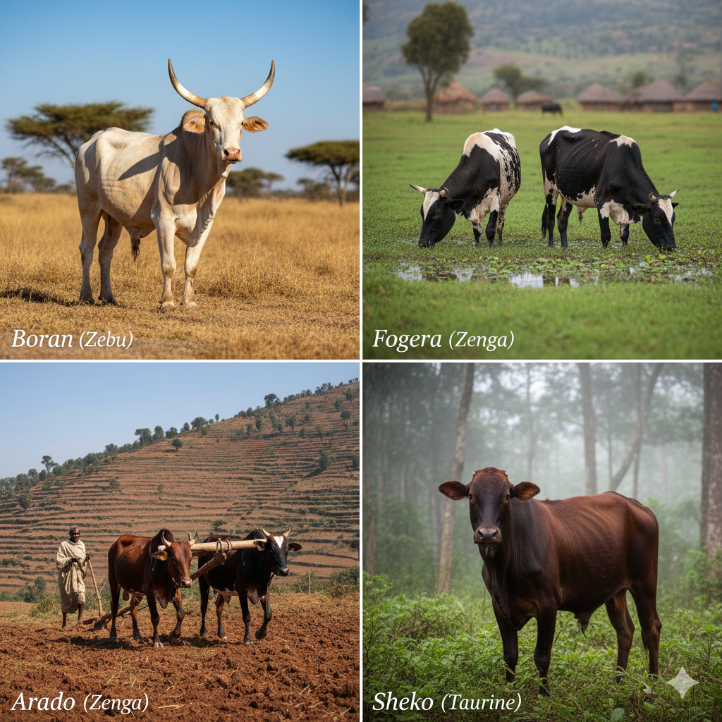 مواشي إثيوبية عالية الجودة في المراعي الطبيعية - أبقار بوران وأغنام سوداء الرأس